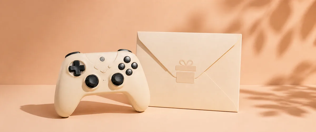 Game controller and gift envelope on a peach background